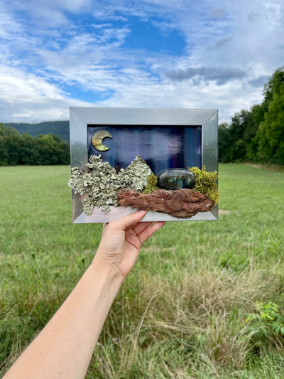 NORTHERN LIGHTS Mini Moss Wall (framed) | Labradorite Crystal | Moon | Aurora Borealis | Inuit Legend | Inner Light Botanicals | www.innerlightbotanicals.com