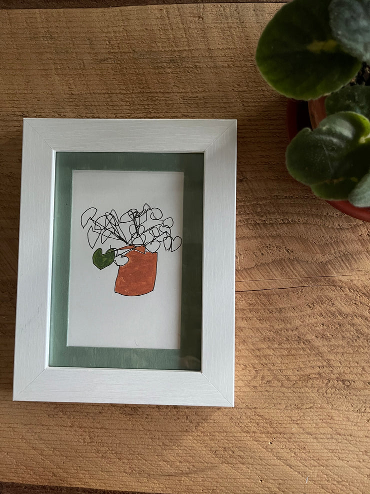 pilea: ink/acrylic contour original (5"x7" framed)