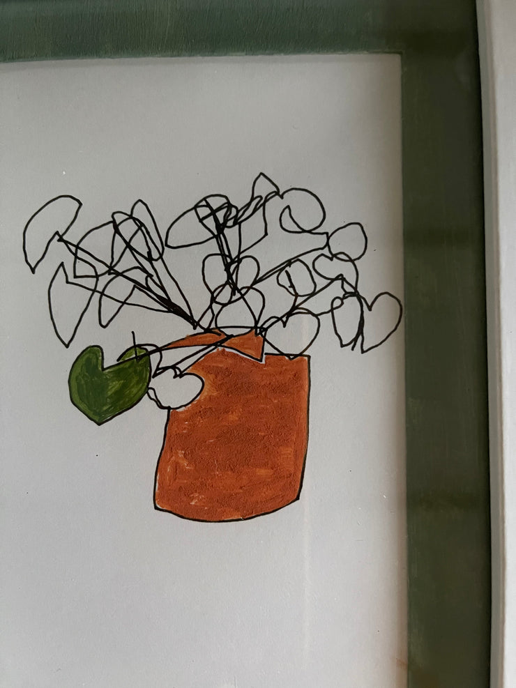 pilea: ink/acrylic contour original (5"x7" framed)